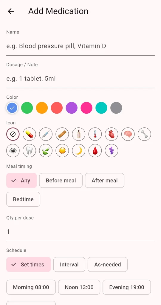 Schedule options on the Add Medication screen: Set times, Interval, As-needed