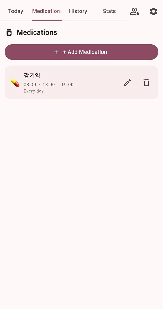 Medications screen with the people icon at the top and one medication listed at 08:00, 13:00 and 19:00 every day