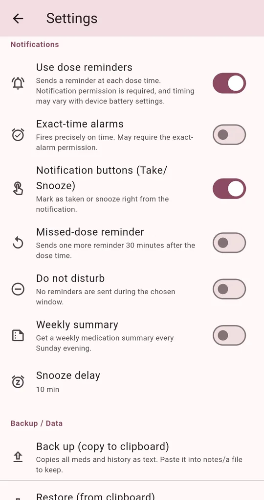 Notification settings: use dose reminders on, exact-time alarms off, notification buttons on, missed-dose reminder, do not disturb and weekly summary off