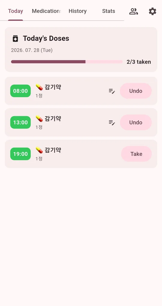 Today’s Doses screen with date, 2/3 taken progress bar, and 08:00, 13:00 and 19:00 doses with Undo and Take buttons