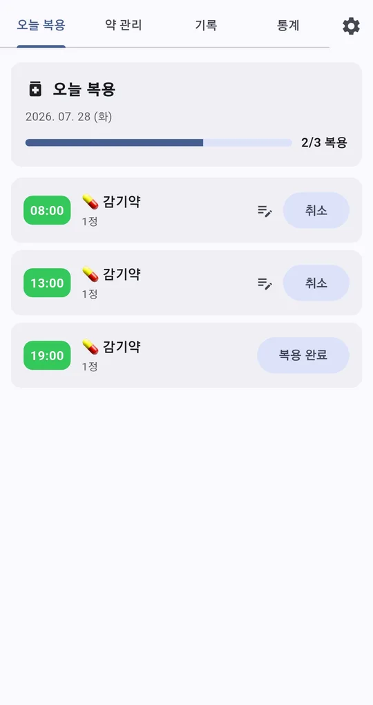 오늘 복용 화면. 날짜와 2/3 복용 진행 막대, 08:00·13:00·19:00 복용 항목과 취소·복용 완료 버튼