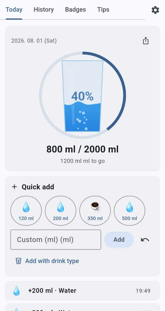 Today tab with a 350 ml coffee quick add button, custom field, Add with drink type, and the log list