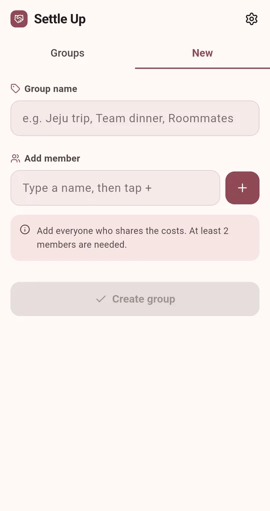 New group screen with group name field, add member field with a plus button and Create group button