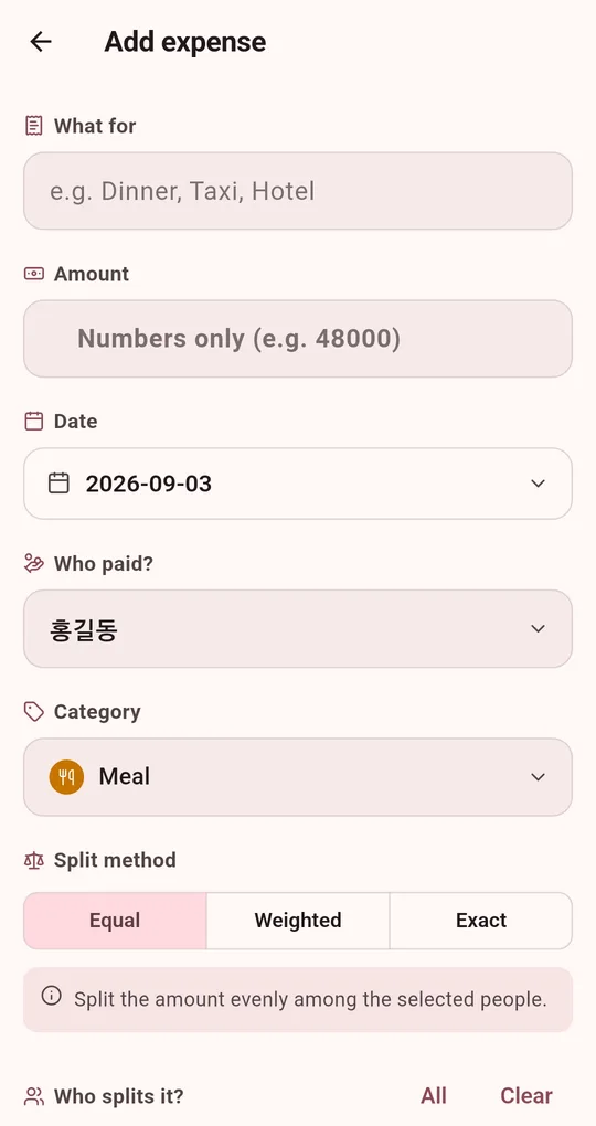 Add expense screen with what for, amount, date, who paid, category and Equal, Weighted, Exact split methods