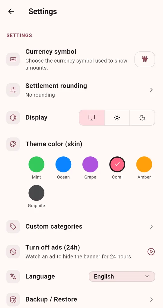 Settings screen with currency symbol, settlement rounding set to no rounding, display and theme color
