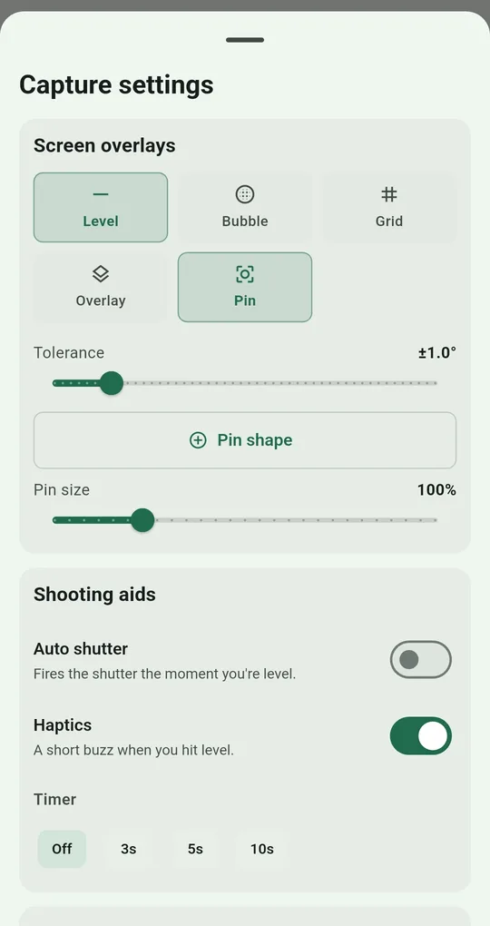 Capture settings with Overlay and Pin buttons, Pin shape and the Pin size slider