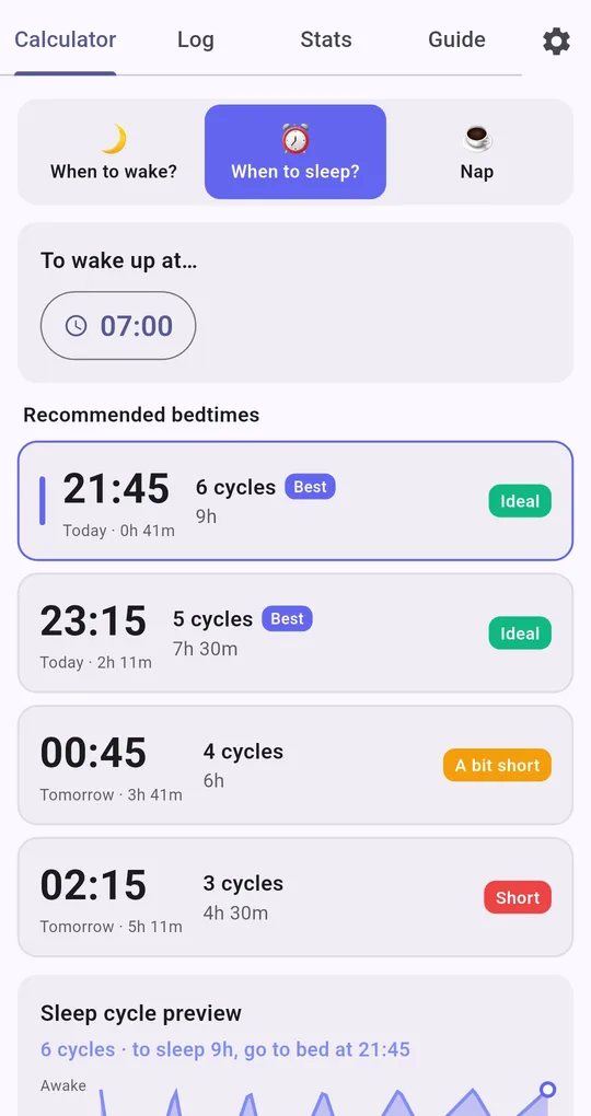 When to sleep screen with bedtimes 21:45, 23:15, 00:45 and 02:15 for a 07:00 wake-up