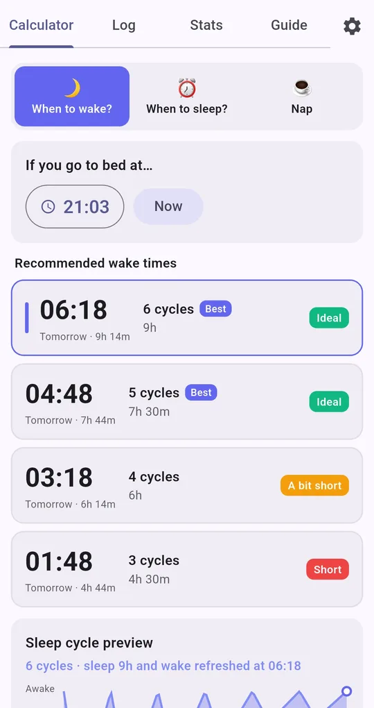 When to wake screen with bedtime input, Now button and recommended wake times for 6, 5, 4 and 3 cycles