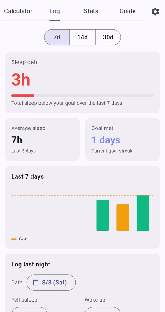 Log screen with Log last night and the date picker