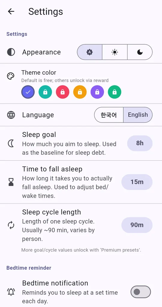 Bottom of Settings with the Bedtime notification switch and Reminder time 23:00