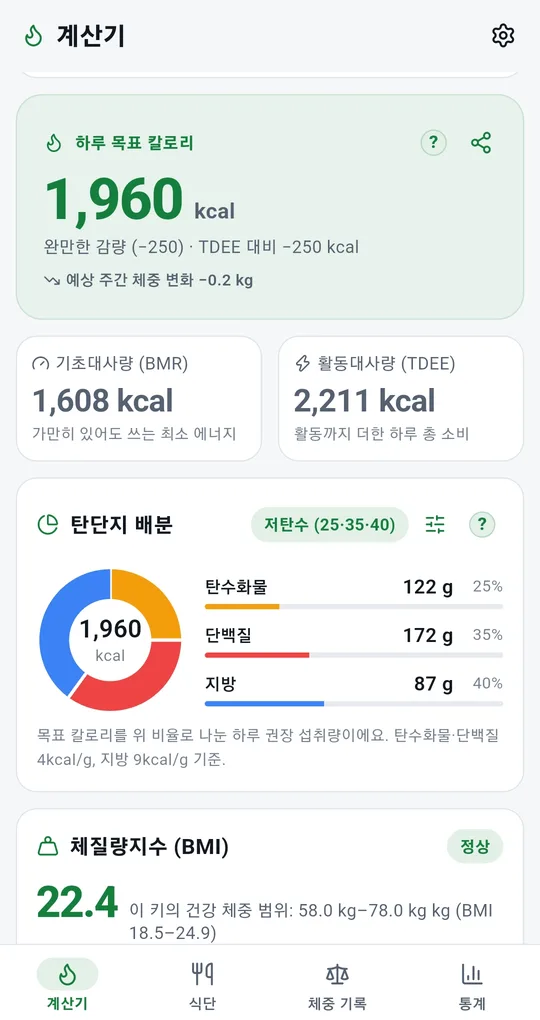 하루 목표 칼로리, 기초대사량, 활동대사량 카드