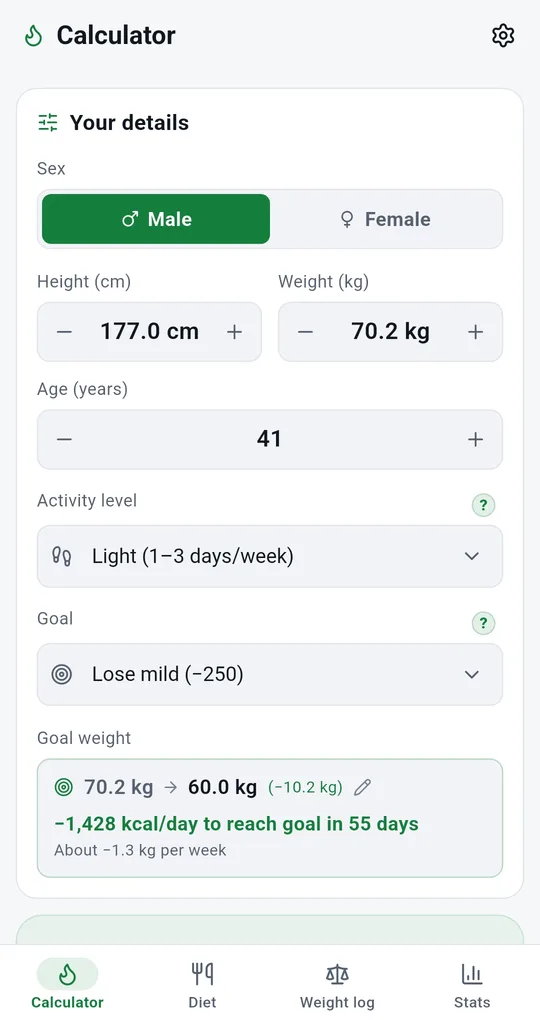 Activity level dropdown in Your details, set to Light (1–3 days/week)