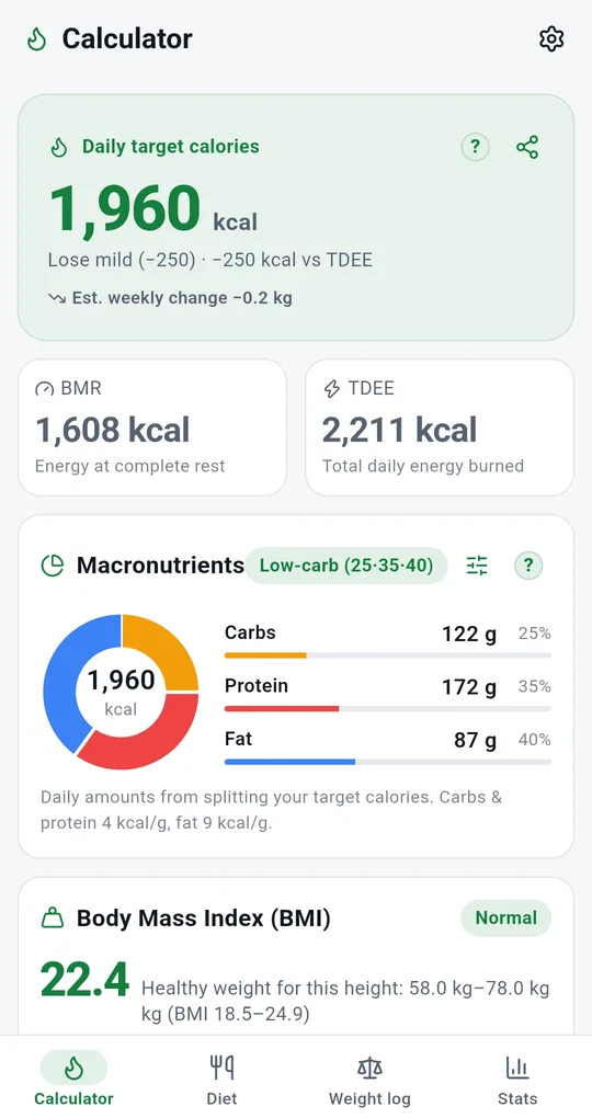Daily target calories, BMR and TDEE cards