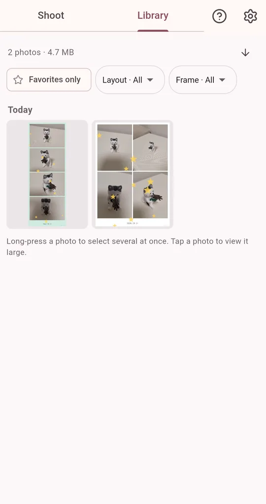 Library screen with photos grouped by date and favorites, layout and frame filters