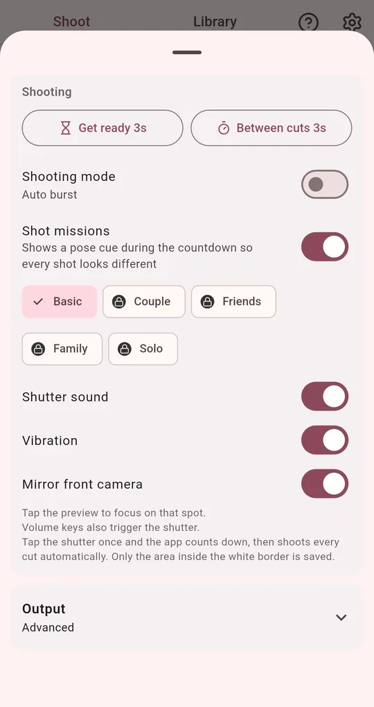 Shooting settings with Get ready 3s and Between cuts 3s, Shooting mode, Shutter sound, Vibration and Mirror front camera