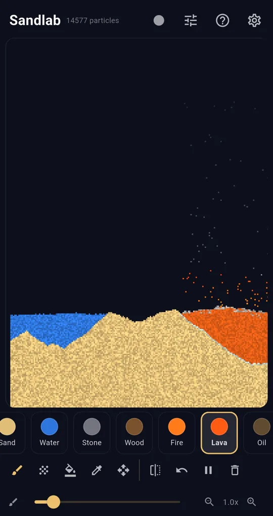 Canvas with a sand dune, water and lava
