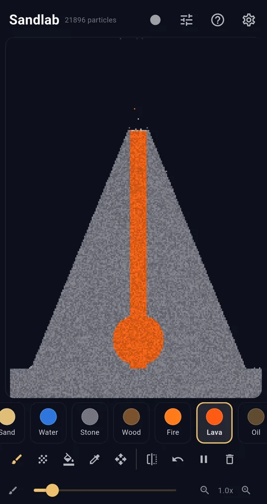 A volcano-shaped canvas: a grey stone mountain with an orange lava column in the middle