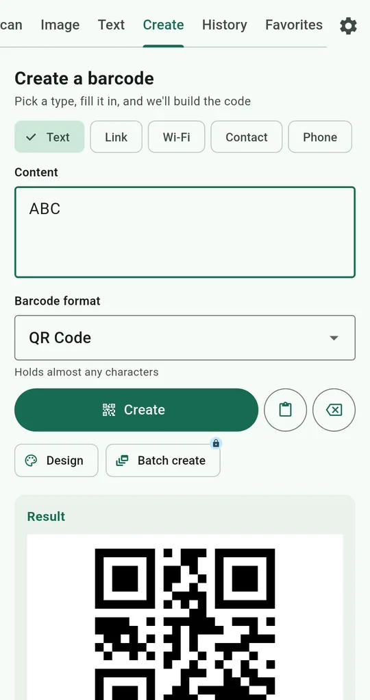 QR and Barcode Scanner create screen with type chips and a generated QR code