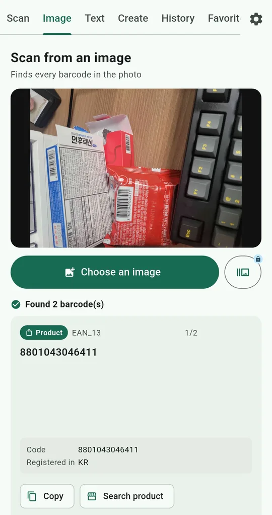 QR and Barcode Scanner scan from an image screen with the Choose an image button and two barcodes found