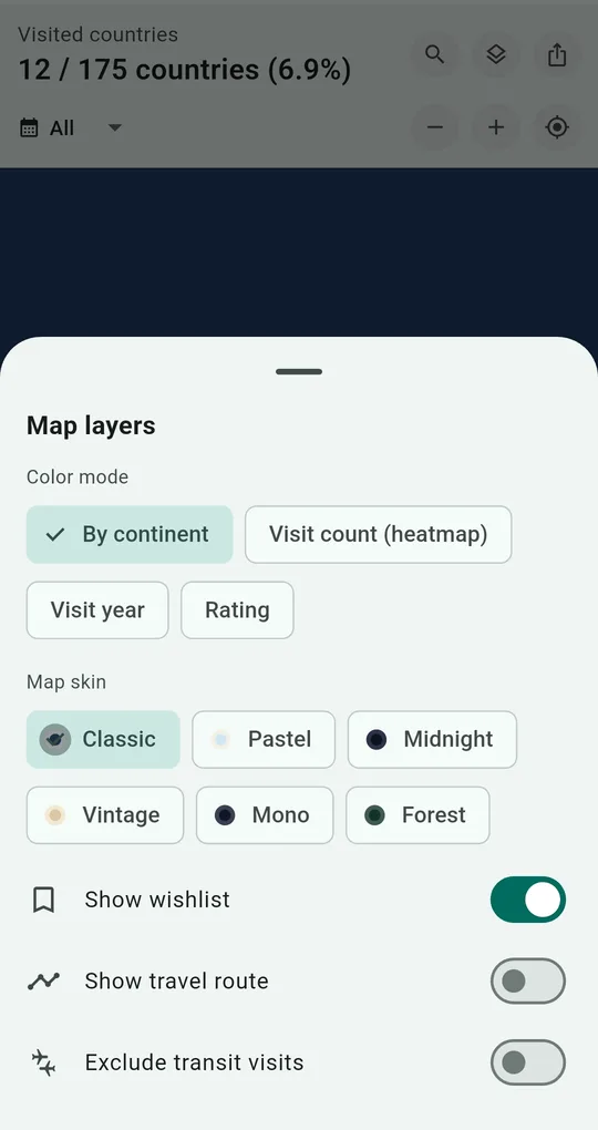 Map layers panel with the Exclude transit visits switch at the bottom