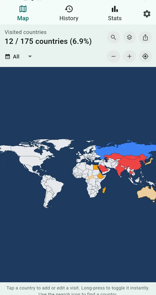 Travel Map world map with visited countries colored by continent and 12 / 175 countries (6.9%) at the top