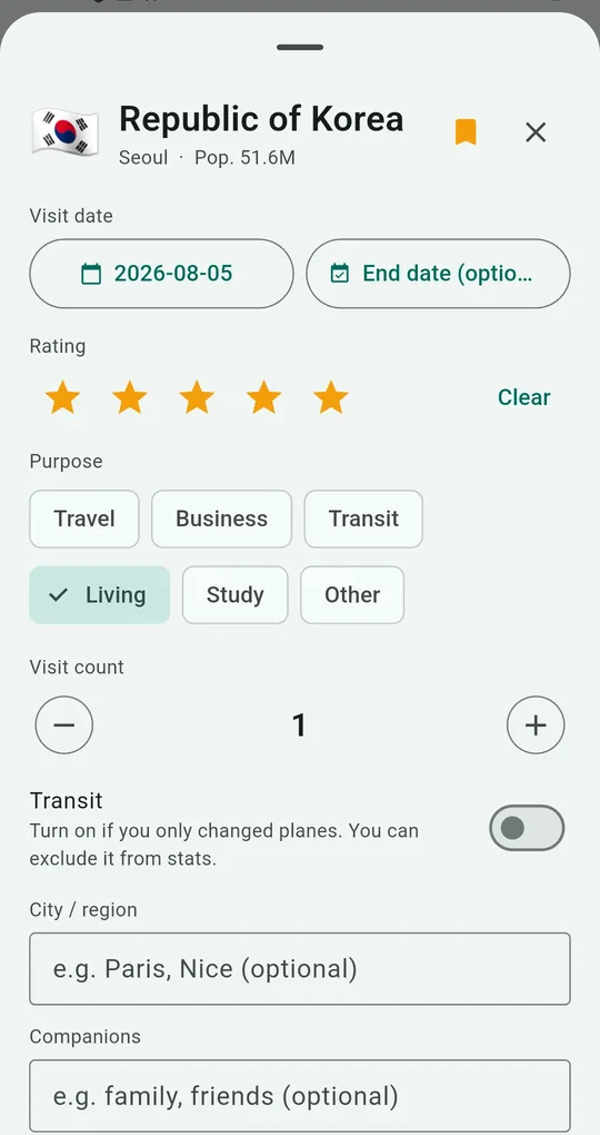 Visit record showing the transit switch and purpose options, with Living selected for Republic of Korea