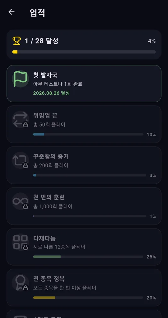 업적 화면. 1/28 달성, 첫 발자국 2026.08.26 달성, 워밍업 끝·꾸준함의 증거 등 진행률