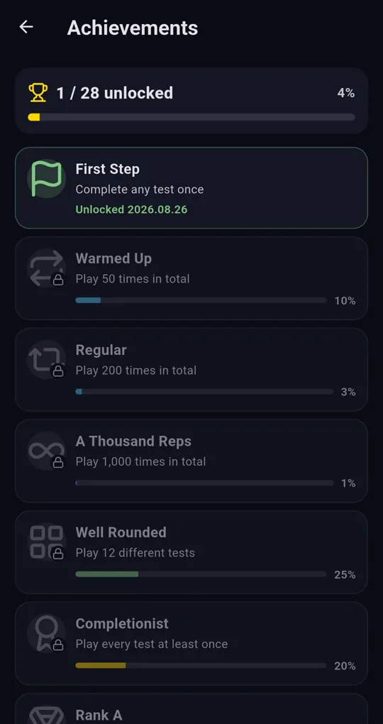 Achievements screen: 1 / 28 unlocked, First Step unlocked 2026.08.26, progress bars for Warmed Up, Regular and more