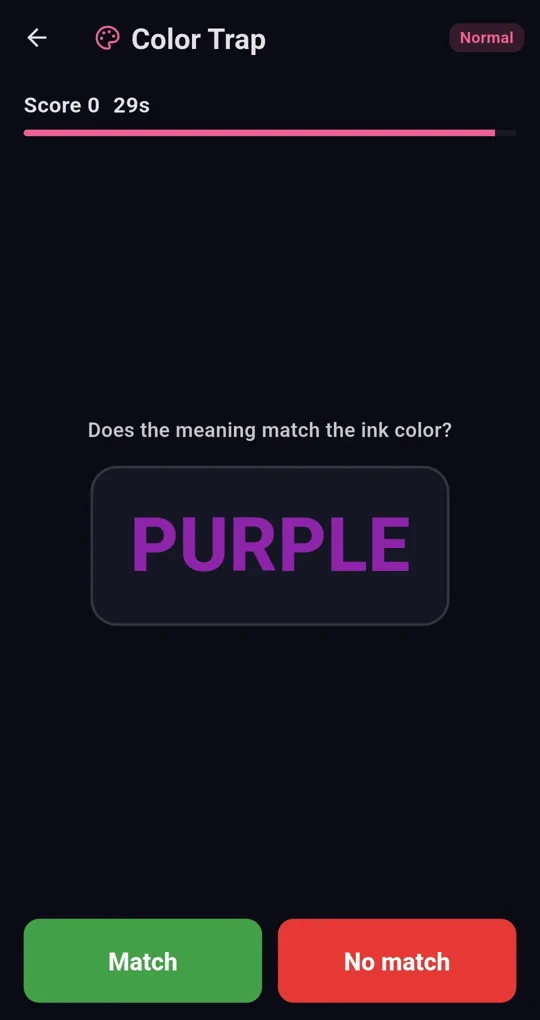 Color Trap screen: PURPLE in purple ink with Match and No match buttons