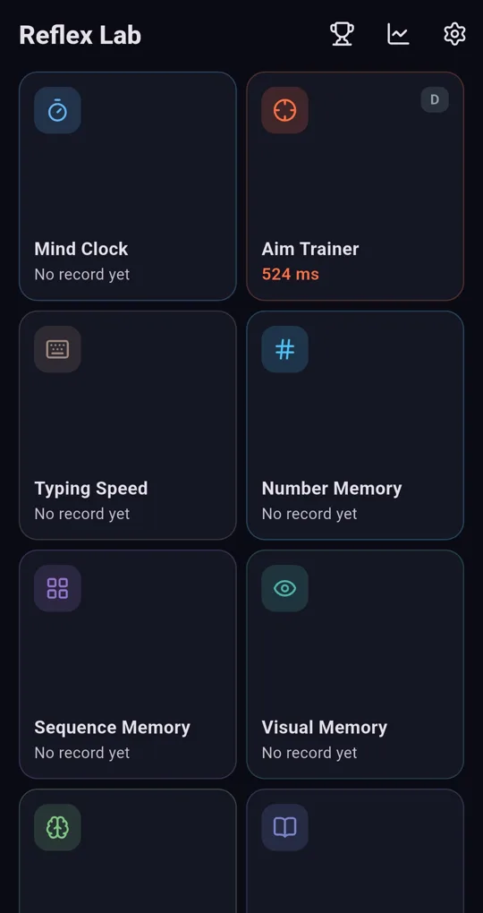 Home screen test list: Mind Clock, Aim Trainer 524 ms rank D, Typing Speed, Number Memory, Sequence Memory, Visual Memory cards