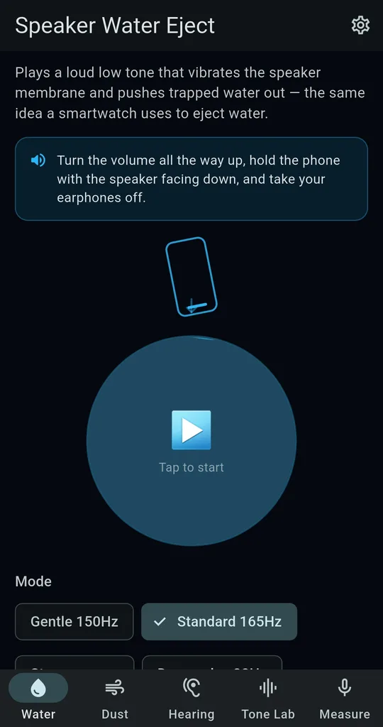 SonicKit Speaker Water Eject screen with the volume and speaker-down notice, a Tap to start button and the Gentle 150Hz and Standard 165Hz modes