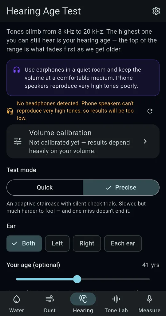SonicKit Hearing Age Test screen with the earphone notice, Volume calibration, Quick and Precise modes, Both, Left, Right and Each ear options and an optional age slider