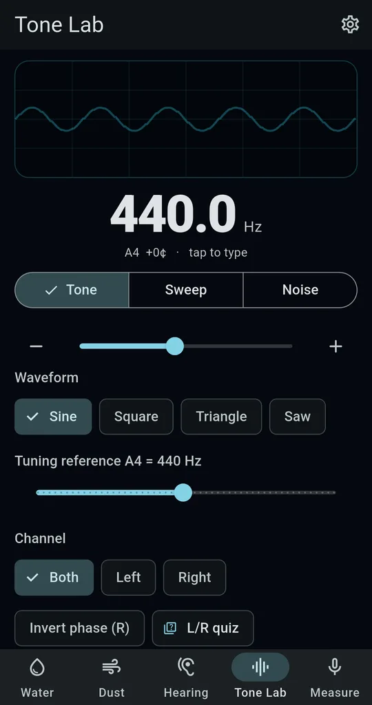 SonicKit Tone Lab screen with Tone, Sweep and Noise, waveform choices, the A4 tuning reference and Both, Left, Right and Invert phase channel options