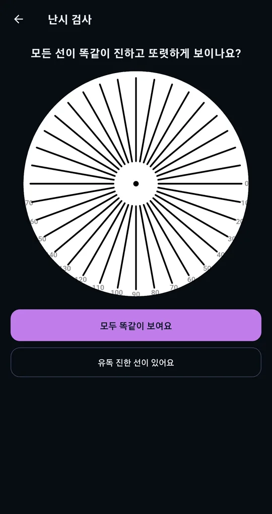 난시 검사 화면. 가운데 점을 중심으로 방사형으로 퍼진 검은 선 시표, 아래에 모두 똑같이 보여요와 유독 진한 선이 있어요 버튼