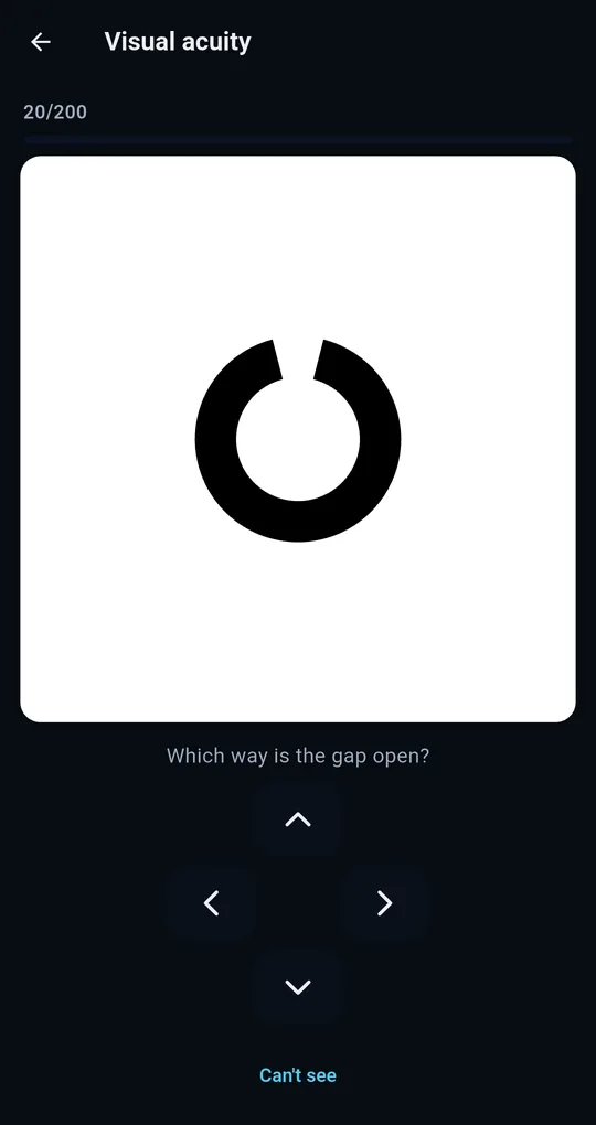 Visual acuity screen with 20/200 and a progress bar in the top left, a large black Landolt C, and the question “Which way is the gap open?” with arrow buttons below