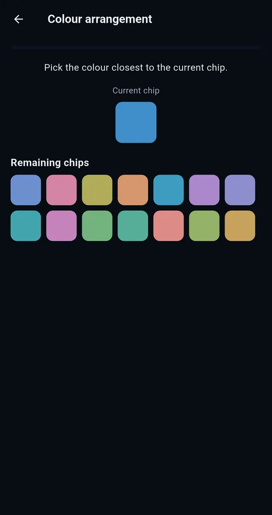 Colour arrangement screen: “Pick the colour closest to the current chip” at the top, a single blue chip labelled Current chip, and a grid of coloured chips labelled Remaining chips below