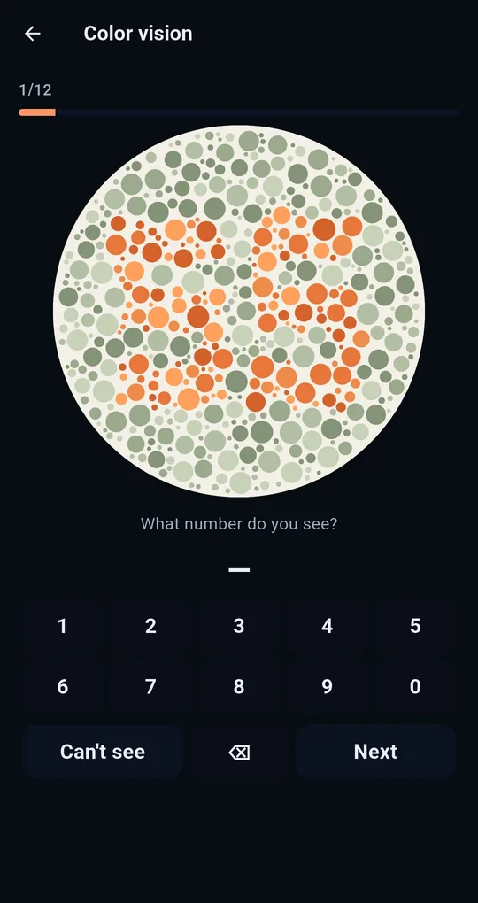 Color vision test screen: 1/12 progress at the top, a round plate of orange and green dots, and below it “What number do you see?” with number buttons, a Can’t see button and Next