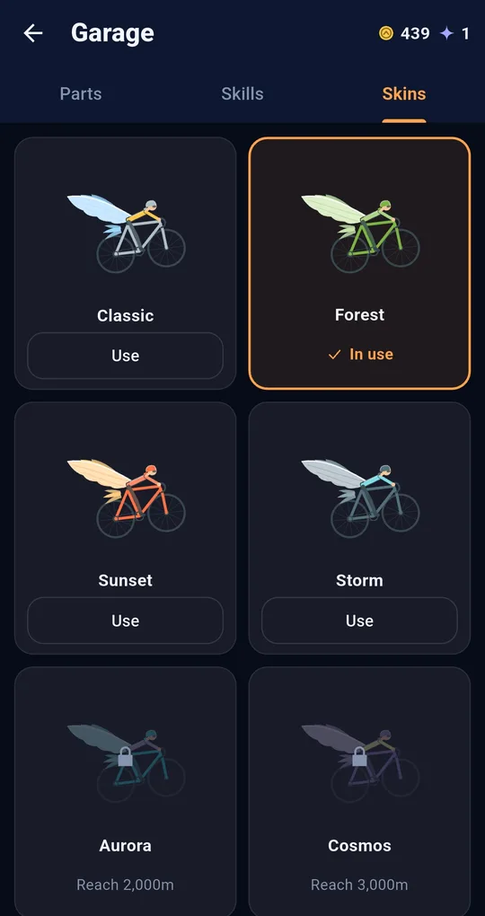 Skins tab: Classic, Forest in use, Sunset, Storm, plus Aurora unlocked at 2,000 m and Cosmos at 3,000 m