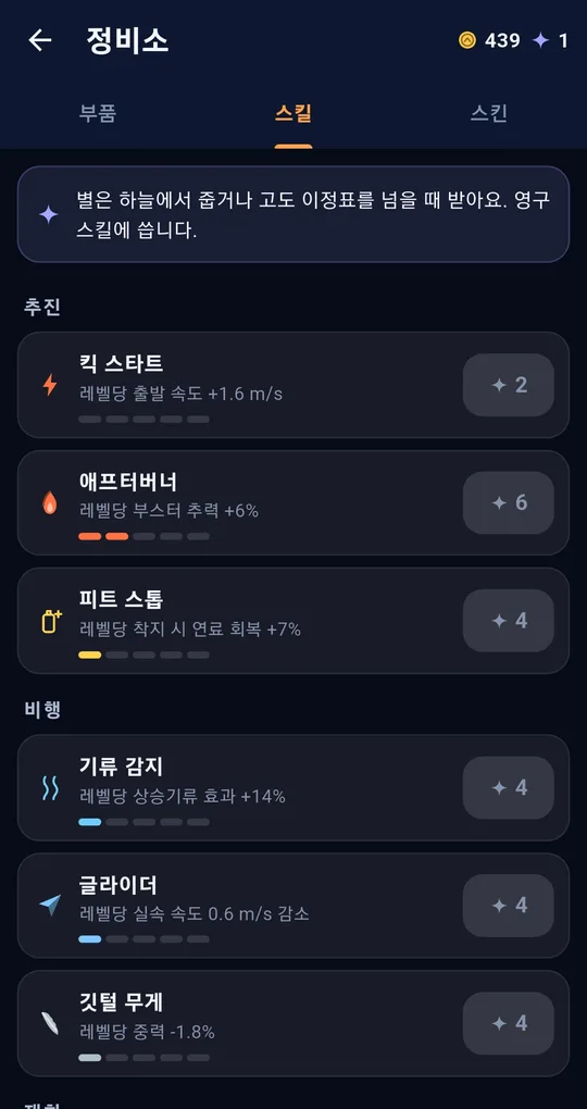 정비소 스킬 탭. 추진 계열 킥 스타트, 애프터버너, 피트 스톱과 비행 계열 기류 감지, 글라이더, 깃털 무게