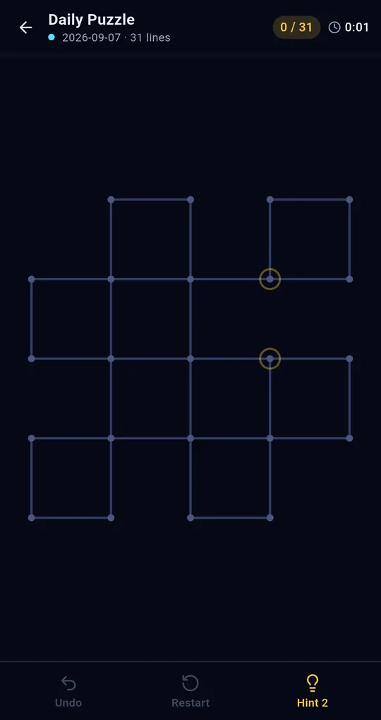Daily Puzzle screen, 2026-09-07, 31 lines on a grid board, two possible starting dots circled in yellow, Undo, Restart and Hint 2 buttons below