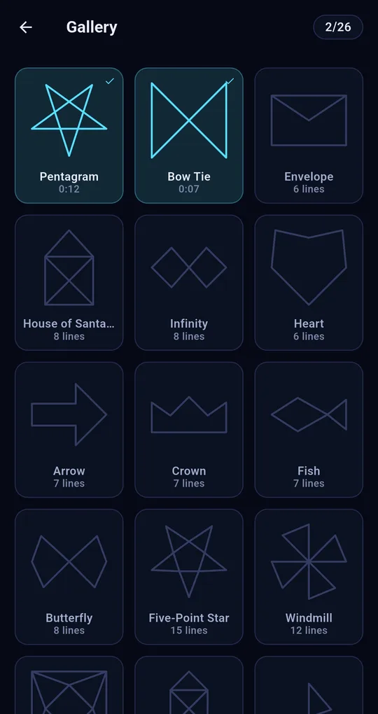 Gallery screen, 2/26: Pentagram 0:12 and Bow Tie 0:07 marked solved, Envelope 6 lines, House of Santa Claus 8 lines and more