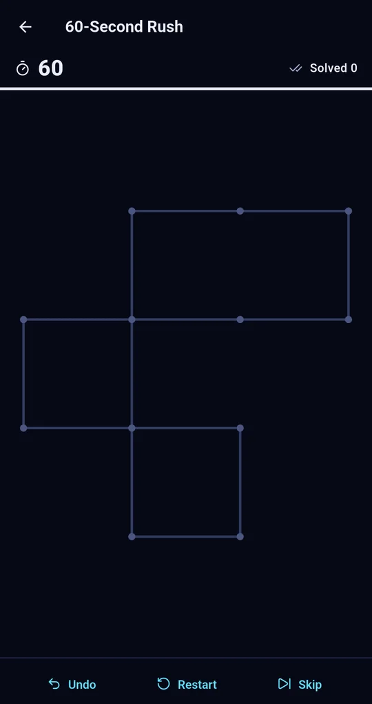 60-Second Rush screen: 60 on the timer, Solved 0, a board, and Undo, Restart and Skip