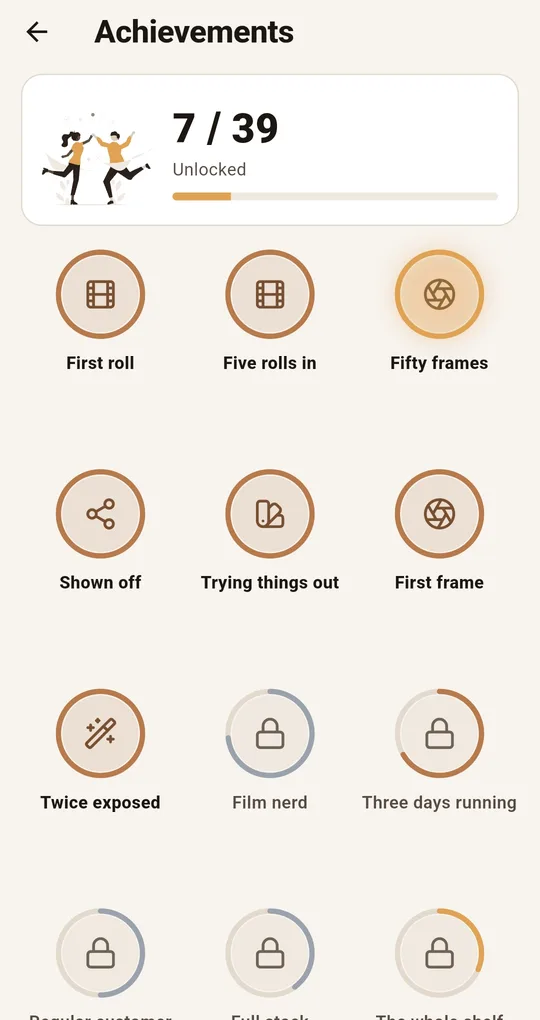 Achievements screen showing 7 of 39 unlocked and round badges including First roll, Five rolls in, Fifty frames, Shown off, Trying things out, First frame, Twice exposed, Film nerd and Three days running