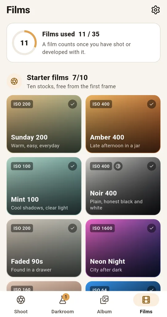 Films tab. Films used 11 of 35 and a grid of pack cards, each with an ISO badge and a short line of character