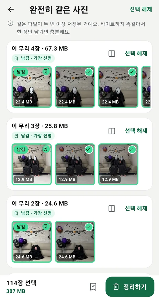 완전히 같은 사진 화면. 무리마다 남김·가장 선명 표가 붙은 사진과 나머지 선택 버튼, 아래에 114장 선택 387MB와 정리하기 버튼