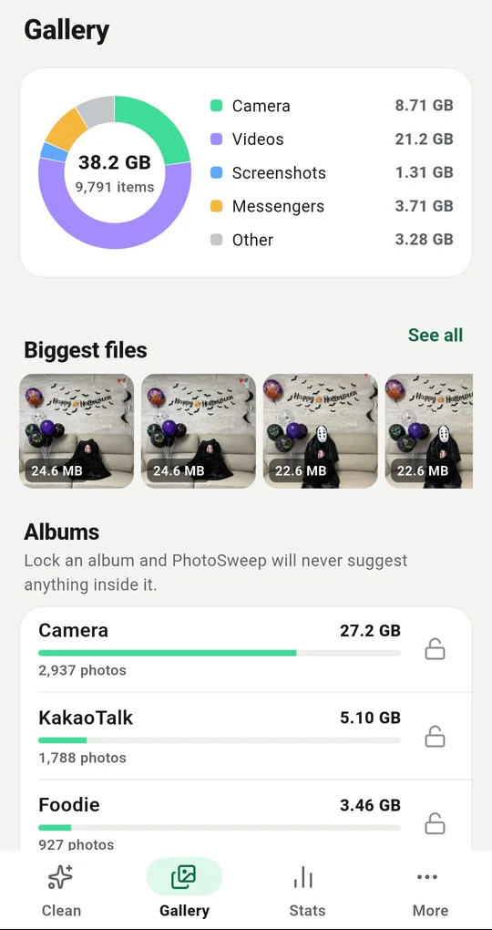Gallery tab album list with size bars and a padlock button on each album