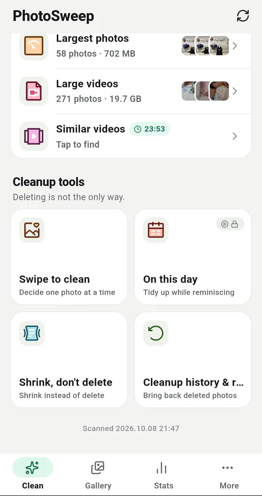 The Cleanup tools section of the More tab with swipe to clean, on this day, shrink instead of delete and cleanup history and restore
