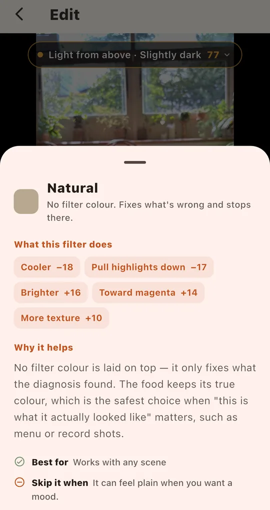 Filter info sheet with numeric effects, Why it helps, Best for and Skip it when