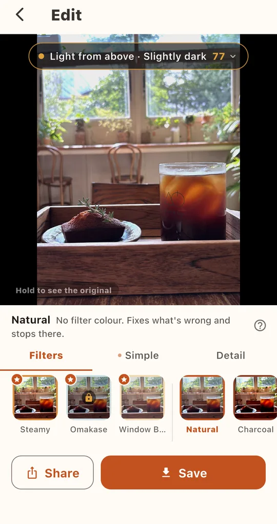 Edit screen with the diagnosis badge at the top and the recommended filter strip
