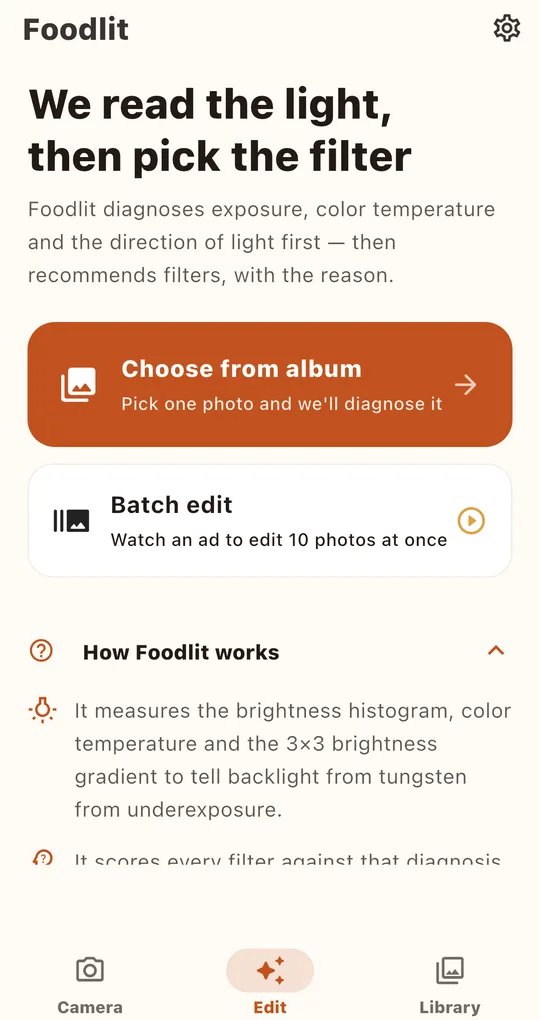 Edit tab home screen with Choose from album and the Batch edit card